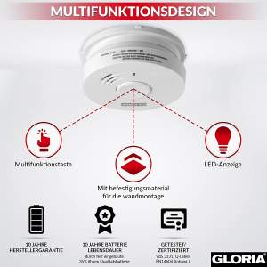 Gloria R-10 Rauchwarnmelder mit 10- Jahres Lithium Batterie, Rauchmelder